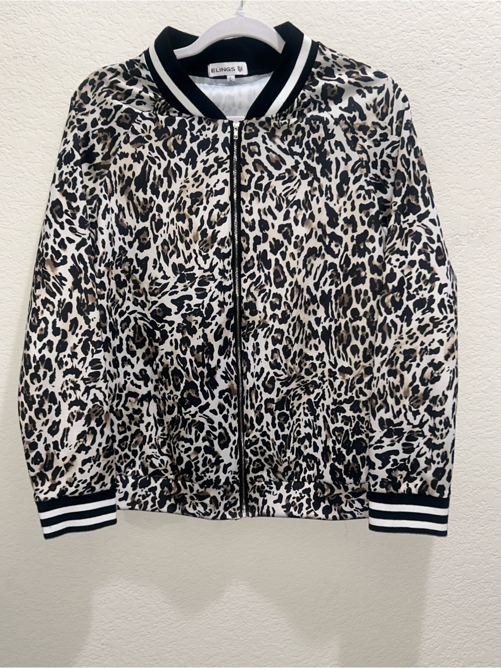 Elings Leopard Print Bomber Jacket in Black White Cream Brown